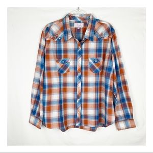 PANHANDLE Western Pearl Snap Plaid Embroidered Eagle Aztec Rodeo Shirt XXL